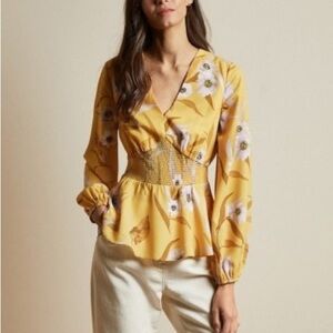 Ted Baker Top Size 1 Yellow Floral Pullover Smocked Waist Long Sleeve Saniyah